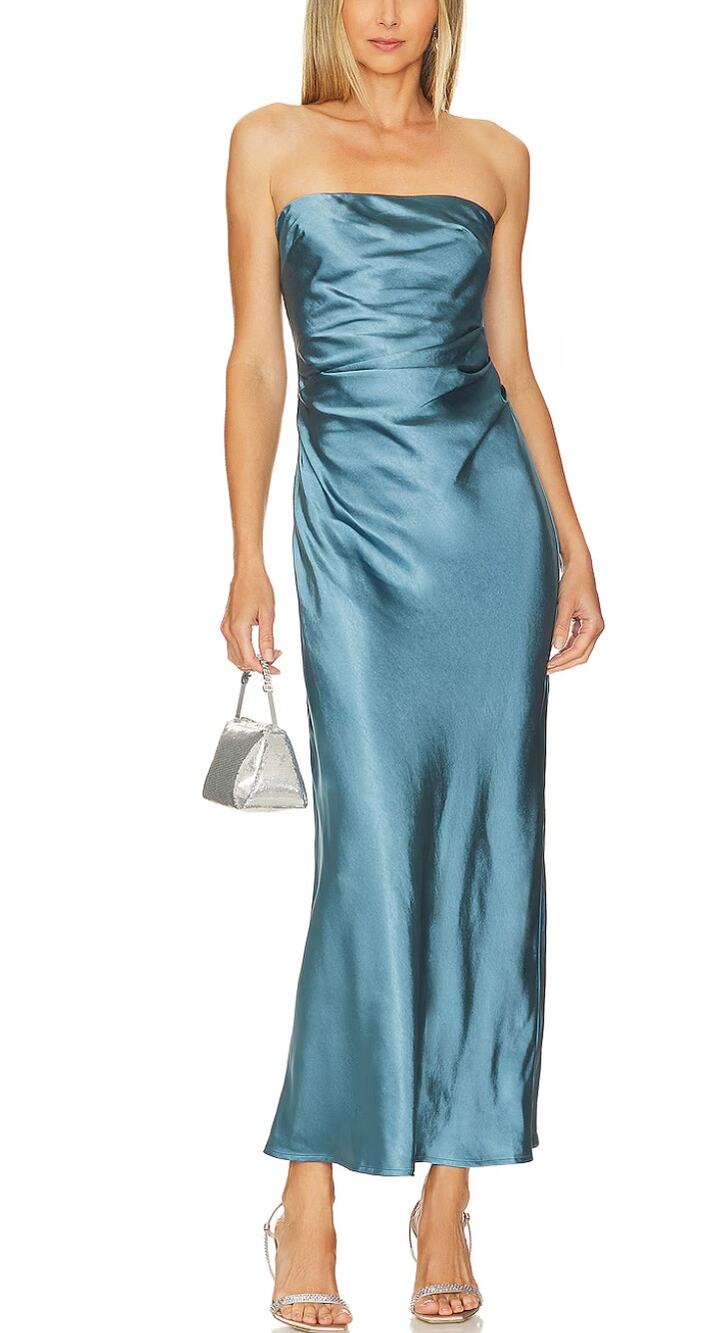 Runaway Blue Satin Midi Slip Dress XL Ruched Cocktail Semi Formal Bias Cut $139